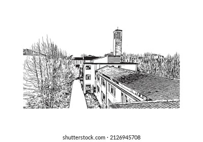 Building view with landmark of Mestre is the most populated borough in Italy. Hand drawn sketch illustration in vector.