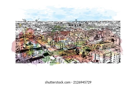 Building view with landmark of Mestre is the most populated borough in Italy. Watercolor splash with hand drawn sketch illustration in vector.