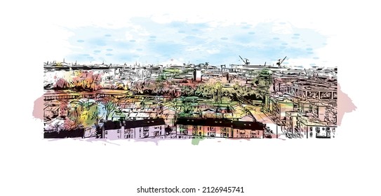 Building view with landmark of Mestre is the most populated borough in Italy. Watercolor splash with hand drawn sketch illustration in vector.
