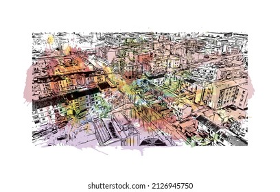 Building view with landmark of Mestre is the most populated borough in Italy. Watercolor splash with hand drawn sketch illustration in vector.