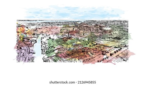El barrio más poblado de Italia es el de Mestre. Salto de color de agua con ilustración de esbozo dibujada a mano en vector.
