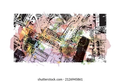 El barrio más poblado de Italia es el de Mestre. Salto de color de agua con ilustración de esbozo dibujada a mano en vector.