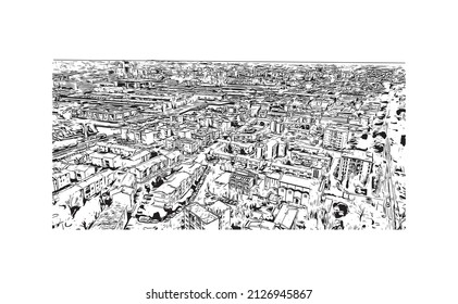 Building view with landmark of Mestre is the most populated borough in Italy. Hand drawn sketch illustration in vector.