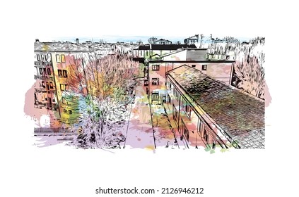 El barrio más poblado de Italia es el de Mestre. Salto de color de agua con ilustración de esbozo dibujada a mano en vector.