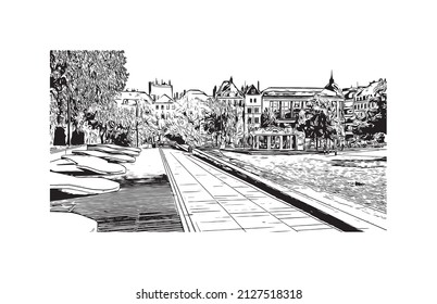 Building view with landmark of Metz is the 
city in France. Hand drawn sketch illustration in vector.