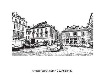 Building view with landmark of Metz is the 
city in France. Hand drawn sketch illustration in vector.