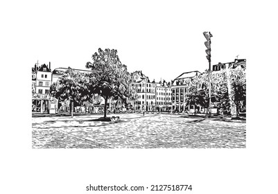 Building view with landmark of Metz is the 
city in France. Hand drawn sketch illustration in vector.