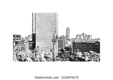 Building view with landmark of Mexico is the 
country in North America. Hand drawn sketch illustration in vector.