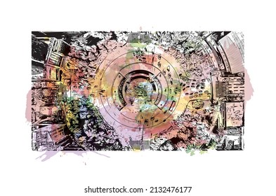 Building view with landmark of Mexico is the 
country in North America. Watercolor splash with hand drawn sketch illustration in vector.