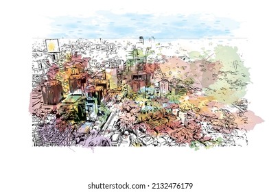 Building view with landmark of Mexico is the 
country in North America. Watercolor splash with hand drawn sketch illustration in vector.