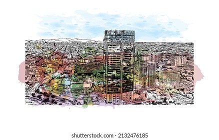 Building view with landmark of Mexico is the 
country in North America. Watercolor splash with hand drawn sketch illustration in vector.
