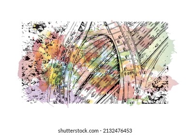 Building view with landmark of Mexico is the 
country in North America. Watercolor splash with hand drawn sketch illustration in vector.