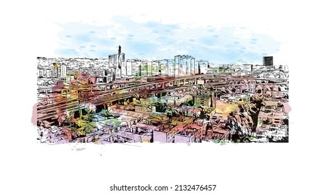 Building view with landmark of Mexico is the 
country in North America. Watercolor splash with hand drawn sketch illustration in vector.