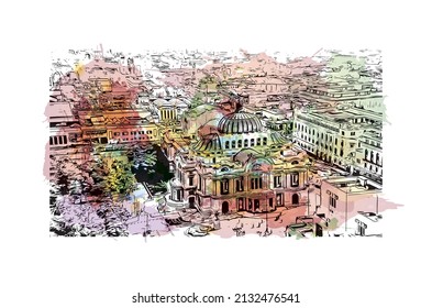 Building view with landmark of Mexico is the 
country in North America. Watercolor splash with hand drawn sketch illustration in vector.