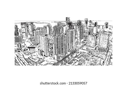 Building view with landmark of Miami is the 
city in Florida. Hand drawn sketch illustration in vector.