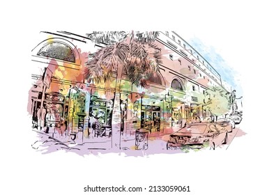 Building view with landmark of Miami is the 
city in Florida. Watercolor splash with hand drawn sketch illustration in vector.