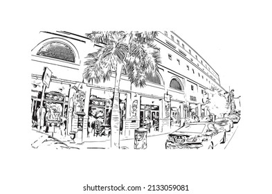 Building view with landmark of Miami is the 
city in Florida. Hand drawn sketch illustration in vector.