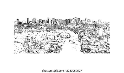 Building view with landmark of Miami is the 
city in Florida. Hand drawn sketch illustration in vector.