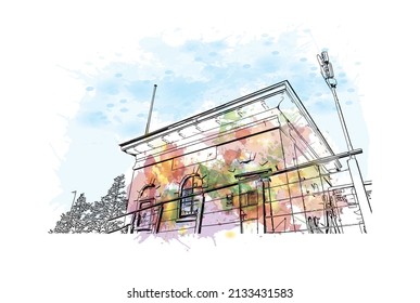 Building view with landmark of Middelburg is the 
city in the Netherlands. Watercolor splash with hand drawn sketch illustration in vector.