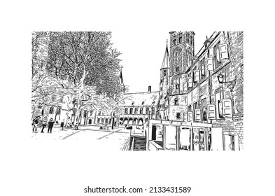 Building view with landmark of Middelburg is the 
city in the Netherlands. Hand drawn sketch illustration in vector.