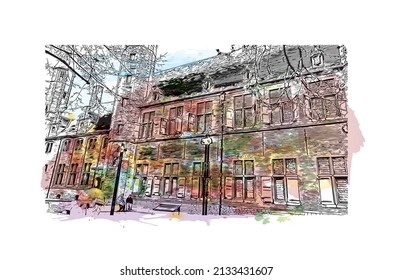 Building view with landmark of Middelburg is the 
city in the Netherlands. Watercolor splash with hand drawn sketch illustration in vector.