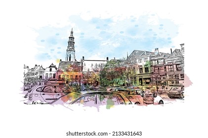 Building view with landmark of Middelburg is the 
city in the Netherlands. Watercolor splash with hand drawn sketch illustration in vector.