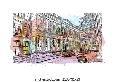 Building view with landmark of Middelburg is the 
city in the Netherlands. Watercolor splash with hand drawn sketch illustration in vector.