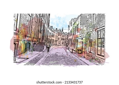 Building view with landmark of Middelburg is the 
city in the Netherlands. Watercolor splash with hand drawn sketch illustration in vector.