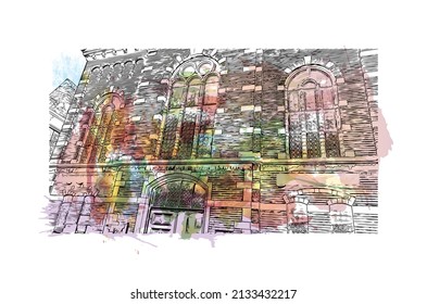 Building view with landmark of Middelburg is the 
city in the Netherlands. Watercolor splash with hand drawn sketch illustration in vector.