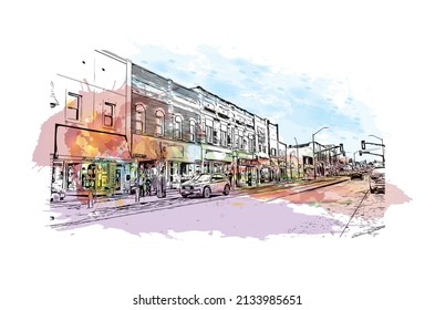 Building view with landmark of Midland city is the 
town in Alabama. Watercolor splash with hand drawn sketch illustration in vector.