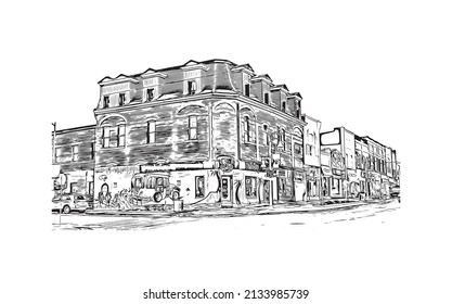 Building view with landmark of Midland city is the 
town in Alabama. Hand drawn sketch illustration in vector.