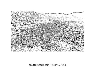 Construir vistas con el punto de referencia de Mijas es el 
municipio de España. Dibujo a mano de ilustración de esbozo en vector.