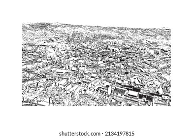 Construir vistas con el punto de referencia de Mijas es el 
municipio de España. Dibujo a mano de ilustración de esbozo en vector.