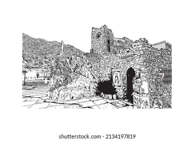 Building view with landmark of Mijas is the 
municipality in Spain. Hand drawn sketch illustration in vector.