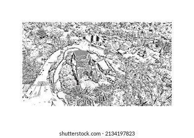 Der Ausblick auf das Gebäude mit Wahrzeichen Mijas ist die 
Gemeinde in Spanien. Handgezeichnete Skizzengrafik in Vektorgrafik.
