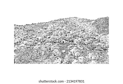 Building view with landmark of Mijas is the 
municipality in Spain. Hand drawn sketch illustration in vector.
