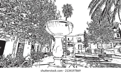 Building view with landmark of Mijas is the 
municipality in Spain. Hand drawn sketch illustration in vector.