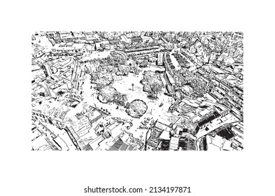 Building view with landmark of Mijas is the 
municipality in Spain. Hand drawn sketch illustration in vector.