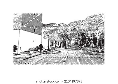 Building view with landmark of Mijas is the 
municipality in Spain. Hand drawn sketch illustration in vector.