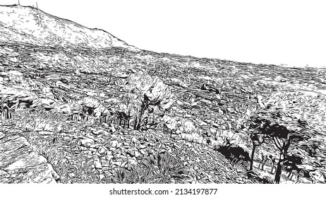 Building view with landmark of Mijas is the 
municipality in Spain. Hand drawn sketch illustration in vector.