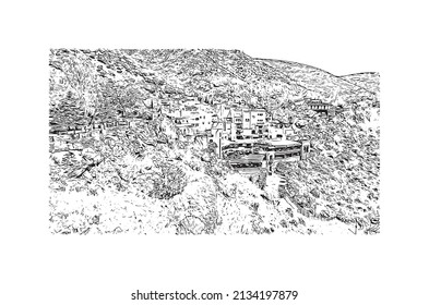 Building view with landmark of Mijas is the 
municipality in Spain. Hand drawn sketch illustration in vector.