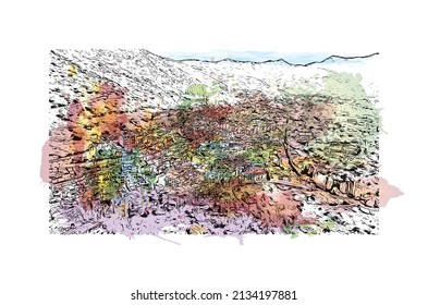 Building view with landmark of Mijas is the 
municipality in Spain. Watercolor splash with hand drawn sketch illustration in vector.