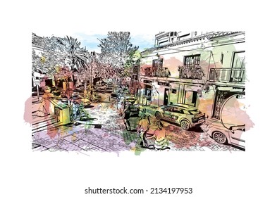 Construir vistas con el punto de referencia de Mijas es el 
municipio de España. Salto de color de agua con ilustración de esbozo dibujada a mano en vector.