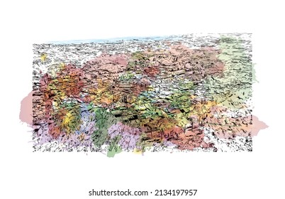 Building view with landmark of Mijas is the 
municipality in Spain. Watercolor splash with hand drawn sketch illustration in vector.