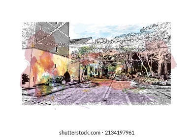 Building view with landmark of Mijas is the 
municipality in Spain. Watercolor splash with hand drawn sketch illustration in vector.