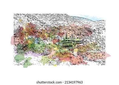 Construir vistas con el punto de referencia de Mijas es el 
municipio de España. Salto de color de agua con ilustración de esbozo dibujada a mano en vector.