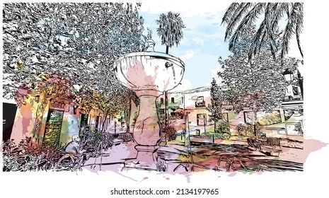 Building view with landmark of Mijas is the 
municipality in Spain. Watercolor splash with hand drawn sketch illustration in vector.
