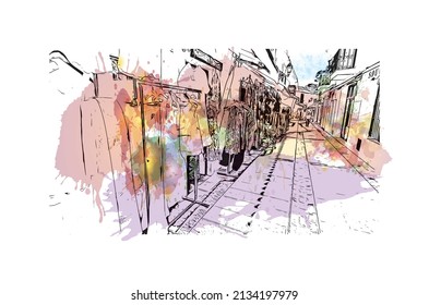 Building view with landmark of Mijas is the 
municipality in Spain. Watercolor splash with hand drawn sketch illustration in vector.