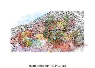 Construir vistas con el punto de referencia de Mijas es el 
municipio de España. Salto de color de agua con ilustración de esbozo dibujada a mano en vector.