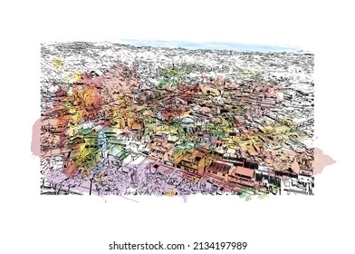 Building view with landmark of Mijas is the 
municipality in Spain. Watercolor splash with hand drawn sketch illustration in vector.